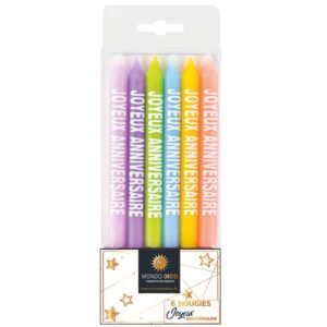 6 bougies Joyeux anniversaire : Bougies longues et colorées, avec mention "Joyeux anniversaire" Conditionnent au choix : A l'unité (1 blister de 6 bougies) Par boite (25 blisters de 6 bougies) Emballage avec trou européen pour suspendre à un présentoir Référence : 1144 Dimensions : H. 7,5 cm Matière : Cire, plastique Coloris au choix : multicolore