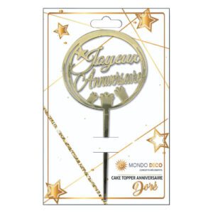 Cake Topper Joyeux anniversaire : Décoration ronde et dorée effet miroir avec mention "Joyeux anniversaire", à planter dans un gâteau; Idéal pour gâteau d'anniversaire Emballage avec trou européen pour suspendre à un présentoir Quantité au choix A l’unité Boite de 24 pièces Dimensions : H.17,7 cm L.8,3 cm Référence : 1147 Matière : plastique Couleur (effet métallisé) : doré