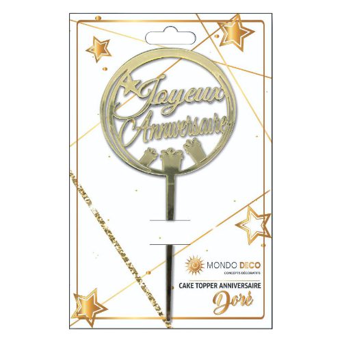 Cake Topper Joyeux anniversaire : Décoration ronde et dorée effet miroir avec mention "Joyeux anniversaire", à planter dans un gâteau; Idéal pour gâteau d'anniversaire Emballage avec trou européen pour suspendre à un présentoir Quantité au choix A l’unité Boite de 24 pièces Dimensions : H.17,7 cm L.8,3 cm Référence : 1147 Matière : plastique Couleur (effet métallisé) : doré