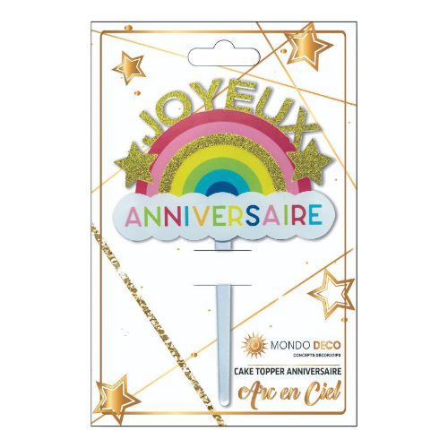 Cake Topper anniversaire arc-en-ciel - A l’unité ou boite de 24