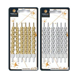 6 Bougies Perles : Conditionnent au choix : A l'unité Par boite de 25 Emballage avec trou européen pour suspendre à un présentoir Dimensions : H. 7 cm Matière : Cire, plastique Coloris au choix : doré ou argenté