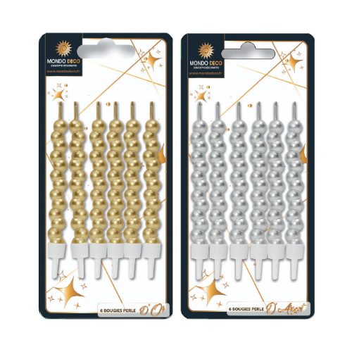 6 Bougies Perles : Conditionnent au choix : A l'unité Par boite de 25 Emballage avec trou européen pour suspendre à un présentoir Dimensions : H. 7 cm Matière : Cire, plastique Coloris au choix : doré ou argenté