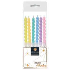 Bougies fines et longues, torsadées et colorées - 6 bougies Torsadées : Conditionnent au choix : A l'unité (1 blister de 6 bougies) Par boite (25 blisters de 6 bougies) Emballage avec trou européen pour suspendre à un présentoir Référence : 1157 Dimensions : H. 8,1 cm Matière : Cire, plastique Coloris au choix : multicolore
