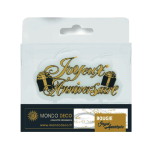 Bougie Joyeux Anniversaire cadeau : Bougie avec 2 mèches, avec impression paquets cadeaux et "Joyeux anniversaire" . Conditionnent au choix : A l'unité (blister de 1 bougie) Par boite de 50 blisters Emballage avec trou européen pour suspendre à un présentoir Matière : Cire Coloris : noir, doré, blanc