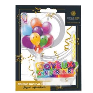 bougie Joyeux anniversaire musicale et lumineuse : 1 bougie fine (couleur aléatoire) + plaque en plastique sur pique avec mention"Joyeux anniversaire" multicolore. Plaque lumineuse et musicale Conditionnent au choix : A l'unité (blister de 1 plaque + bougie) Par boite de 20 blisters Emballage avec trou européen pour suspendre à un présentoir Matière : Cire, plastique Coloris au choix : multicolore