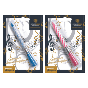 Bougie musicale rose ou bleue : Bougies torsadées, courtes et fines, roses ou bleues. Vendues avec un socle musical Conditionnent au choix : A l'unité (blister de 1 bougie) Par boite de 25 blisters (1 bougie par blister. Mélange des roses et bleues ) Emballage avec trou européen pour suspendre à un présentoir Matière : Cire, plastique Coloris au choix : rose, bleu