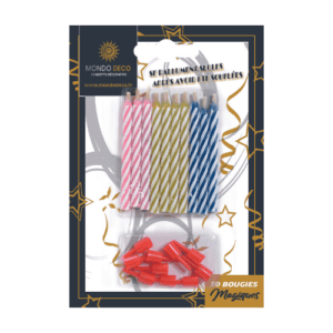 12 bougies magiques : Bougies torsadées, courtes et fines, colorées. Se rallument seules après avoir été soufflées. Esprit Vintage Conditionnent au choix : A l'unité (blister de 12 bougies) Par boite de 25 blisters (12 bougies par blister) Emballage avec trou européen pour suspendre à un présentoir Matière : Cire, plastique Coloris au choix : rose, jaune, bleu