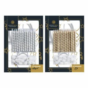 12 Bougies or ou argent : Bougies torsadées, courtes et fines, dorées ou argentées Conditionnent au choix : A l'unité (blister de 12 bougies) Par boite de 25 blisters (12 bougies par blister) Emballage avec trou européen pour suspendre à un présentoir Matière : Cire, plastique Coloris au choix : doré ou argenté