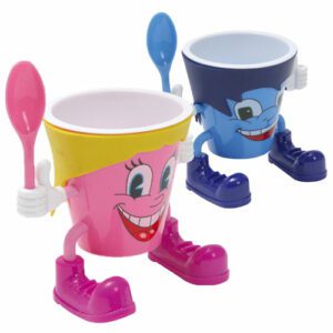 Coupe enfant + cuillère : 1 pièce (coupe + cuillère) Dimensions : H.8,5 cm L.11 cm Ø7 cm Contenance : 11 cl Matière : Plastique Couleur : rose, bleu Référence : 5093 Lavage à la main recommandé
