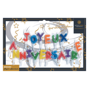 Bougies lettres anniversaire : Bougies de petite taille, en forme de lettre indépendantes formant "Joyeux anniversaire", de toutes les couleurs Conditionnent au choix : A l'unité (blister de 1 bougie) Par boite de 24 blisters Emballage avec trou européen pour suspendre à un présentoir Matière : Cire, plastique Coloris au choix : multicolore