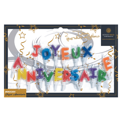 Bougies lettres anniversaire : Bougies de petite taille, en forme de lettre indépendantes formant "Joyeux anniversaire", de toutes les couleurs Conditionnent au choix : A l'unité (blister de 1 bougie) Par boite de 24 blisters Emballage avec trou européen pour suspendre à un présentoir Matière : Cire, plastique Coloris au choix : multicolore