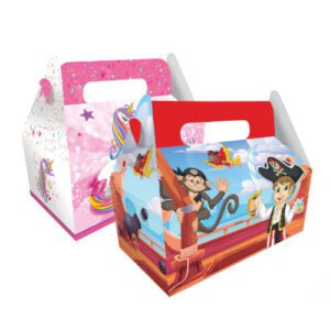 boites repas enfant carton : Idéal pour vos menus enfant ! A monter soi-même 24 pièces Dimensions : 23x12 cm H.20 cm Matière : Carton Couleur : multicolore Motif au choix : licorne, pirate Référence : 7279-7278
