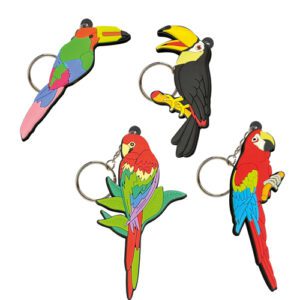 Descriptif des Porte-clés toucans et perroquets : Référence : 755DD 60 pièces Dimensions : H. 5 à 7 cm Idéal pour la décoration de vos glaces et cocktails sur pique bambou à planter