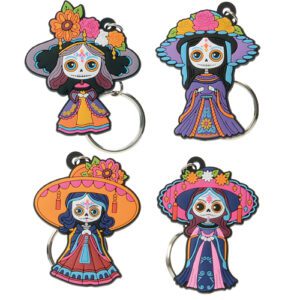 Descriptif des Porte-clés santa muerte : Référence : 755HH 60 pièces Dimensions : H. 6 cm Idéal pour la décoration de vos glaces et cocktails sur pique bambou à planter