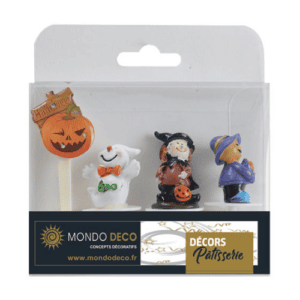 Kit Halloween : Décorations sur pique d'Halloween pour pâtisserie  Conditionnent : 4 sujets (3 figurines sur pique en résine + 1 sujet lumineux) Dimensions (hors pique) : H.3,6 cm Matière : résine, plastique Coloris : multicolore Référence : 1089