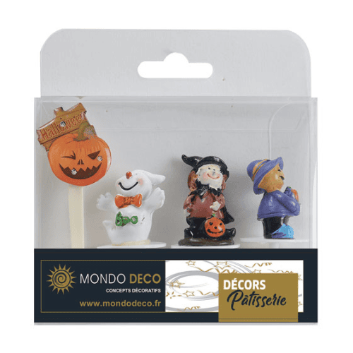 Kit Halloween : Décorations sur pique d'Halloween pour pâtisserie Conditionnent : 4 sujets (3 figurines sur pique en résine + 1 sujet lumineux) Dimensions (hors pique) : H.3,6 cm Matière : résine, plastique Coloris : multicolore Référence : 1089