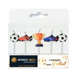 Assortiment de 5 bougies sur lez thème du foot. 2 bougies en forme de ballon de foot, 2 bougies en forme de crampons (chaussures), 1 bougie en forme de trophée. Conditionnent au choix : A l'unité (blister de 5 bougies) Par boite de 25 blisters Emballage avec trou européen pour suspendre à un présentoir Référence : 1150 Matière : Cire Coloris : multicolore