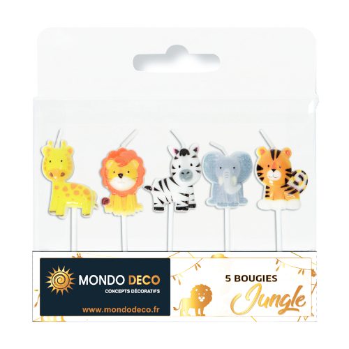 5 bougies Jungle : Assortiment de 5 bougies sur le thème de la jungle. Bougies en forme d'animaux, girafe, lion, zèbre, éléphant, tigre. Conditionnent au choix : A l'unité (blister de 5 bougies) Par boite de 25 blisters Emballage avec trou européen pour suspendre à un présentoir Dimensions : H.2,5 à 3,2 cm Référence : 1151 Matière : Cire Coloris : multicolore