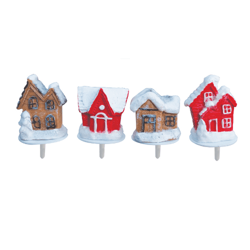 50 résines Chalets enneigés : Décoration en résine sur pique en forme de chalet aux toits enneigés... (décoration pour pâtisserie). Conditionnement : boite de 50 unités Dimensions hors pique : H.3,5 cm Couleur : rouge, marron, blanc Matière : résine Référence : 3067