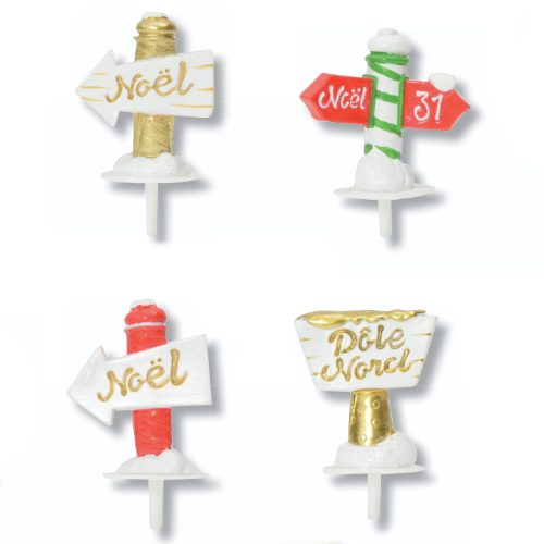 102 résines "Pancartes de Noël" : Décoration en résine sur pique en forme de pancarte, avec différentes mentions (décoration pour pâtisserie). Conditionnement : boite de 102 unités Dimensions hors pique : H.3,9 cm Couleur : rouge, doré, vert, blanc Matière : résine Référence : 3070
