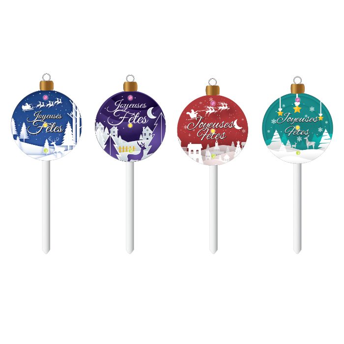 50 piques ronds "Joyeuses fêtes" clignotants : Plusieurs modèles différents, forme ronde sur pique avec mention "Joyeuses fêtes" et fonction clignotante (décoration pour pâtisserie). Conditionnement : boite de 50 unités Dimensions hors pique : Ø4 cm Couleur : plusieurs couleurs fournies de manière aléatoire Matière : plastique Référence : 3083