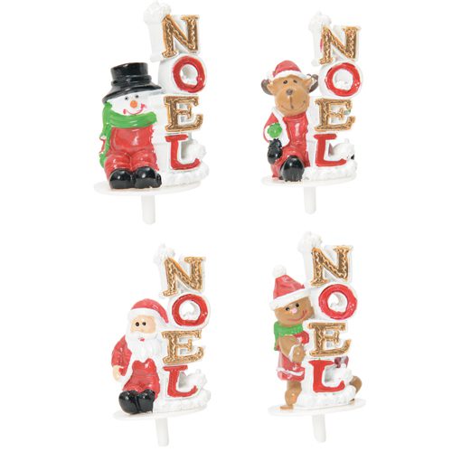 50 résines "Assortiment de Noël" : Décoration pour pâtisserie sur pique avec personnage de Noël, et lettres empilées formant le mot "Noël". Conditionnement : boite de 50 unités Dimensions hors pique : H.4,5 cm Couleur : multicolore Matière : résine Référence : 3086