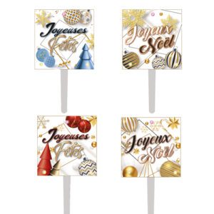 50 piques « Joyeuses Fêtes » clignotants – H.3,5 cm – Décoration pâtissière, Noël