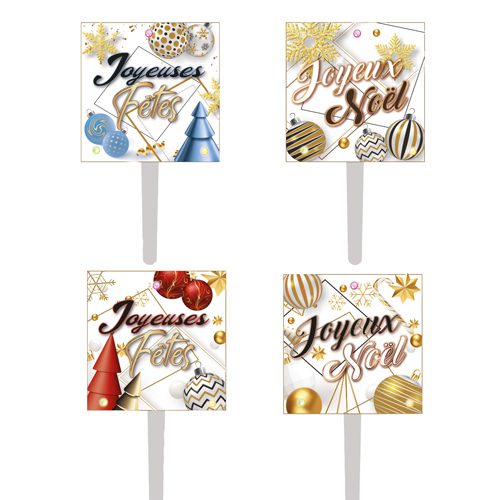50 piques "Joyeuses Fêtes" clignotants : Plusieurs modèles différents avec mention "Joyeuses fêtes" ou "Joyeux Noël", avec fonction clignotante (décoration pour pâtisserie). Conditionnement : boite de 50 unités Dimensions hors pique : H.3,5 cm Couleur : multicolore Matière : plastique Référence : 3090