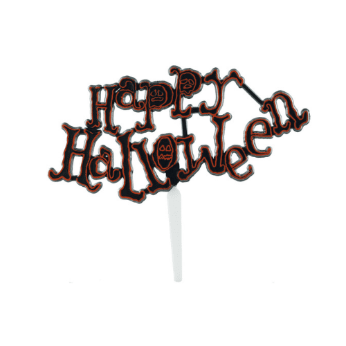 plaque Happy Halloween : Plaque décorative spéciale Halloween sur pique pour pâtisserie Conditionnent : sachet de 144 pièces Dimensions (hors pique) : L.11,5 cm Matière : plastique Coloris : noir, orange Référence : 4000