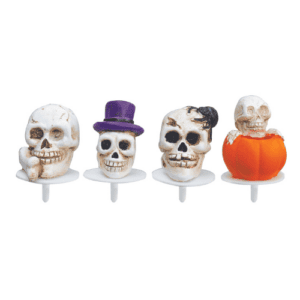 résines "Crânes Halloween" : Décorations sur pique pour pâtisserie Assortiment de figurines en résine sur le thème d'Halloween (plusieurs modèles différents) Conditionnent : sachet de 200 pièces Dimensions (hors pique) : H.3,6 cm Matière : résine Coloris : multicolore Référence : 4029