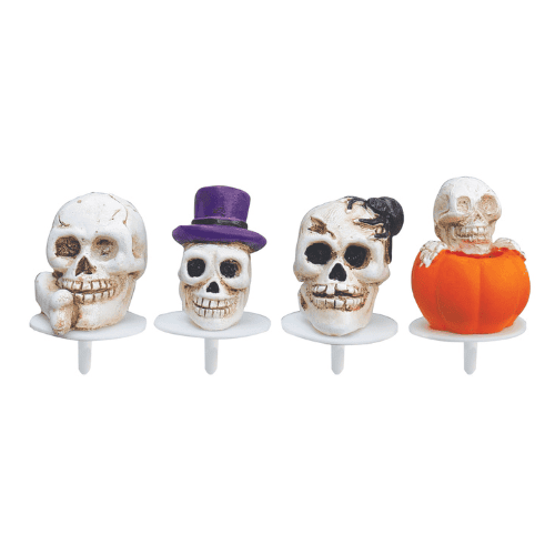 résines "Crânes Halloween" : Décorations sur pique pour pâtisserie Assortiment de figurines en résine sur le thème d'Halloween (plusieurs modèles différents) Conditionnent : sachet de 200 pièces Dimensions (hors pique) : H.3,6 cm Matière : résine Coloris : multicolore Référence : 4029