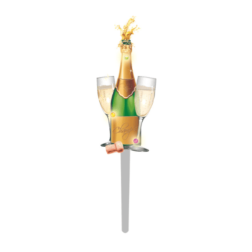 200 piques flûtes et Champagne clignotants : En forme de bouteille de Champagne et 2 flûtes, décoration sur pique avec fonction clignotante (décoration pour pâtisserie). Conditionnement : boite de 200 unités Dimensions hors pique : H.4,5 cm Couleur : vert, doré Matière : plastique Référence : 499