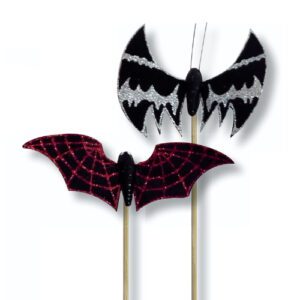 Chauve-souris sur pique : Chauve-souris sur pique, idéales pour votre décoration d'Halloween  Chauve-souris en textile noir, motifs sur les ailes en couleur et paillettes Conditionnent : sachet de 12 pièces Dimensions (hors pique) : L.11 cm ; H.6 cm Matière : textile Coloris : bicolore, base noire Référence : 7113