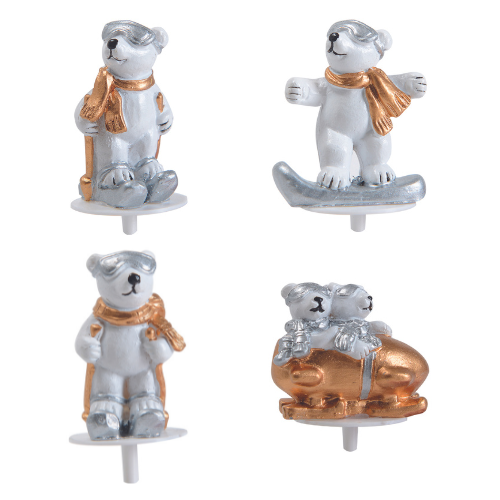 50 résines "Ours sports d'hiver" : Décoration pour pâtisserie sur pique, en forme de d'ours pratiquant des sports d'hiver Conditionnement : boite de 50 unités Dimensions hors pique : H.4 cm Couleur : blanc, doré Matière : résine Référence : 3061