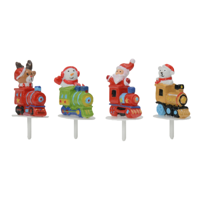 50 résines "Locomotives de Noël" : Décorations pour pâtisserie sur pique idéales pour les fêtes de fin d'année. Père-noël, renne, bonhomme de neige dans une locomotive. Conditionnement : boite de 50 unités Peintes à la main Dimensions hors pique : H. 3,5 cm Couleur : multicolore Matière : résine Référence : 3079