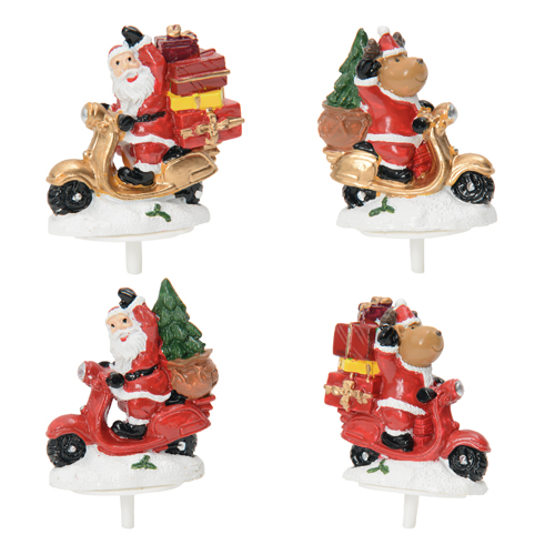 50 résines Pères-noël en scooter : Décoration pour pâtisserie sur pique, en forme de d'ours pratiquant des sports d'hiver Assortiment de nombreux modèles différents Conditionnement : boite de 50 unités Dimensions hors pique : H.3,5 cm Couleur : rouge, vert, blanc, doré Matière : résine Référence : 3087